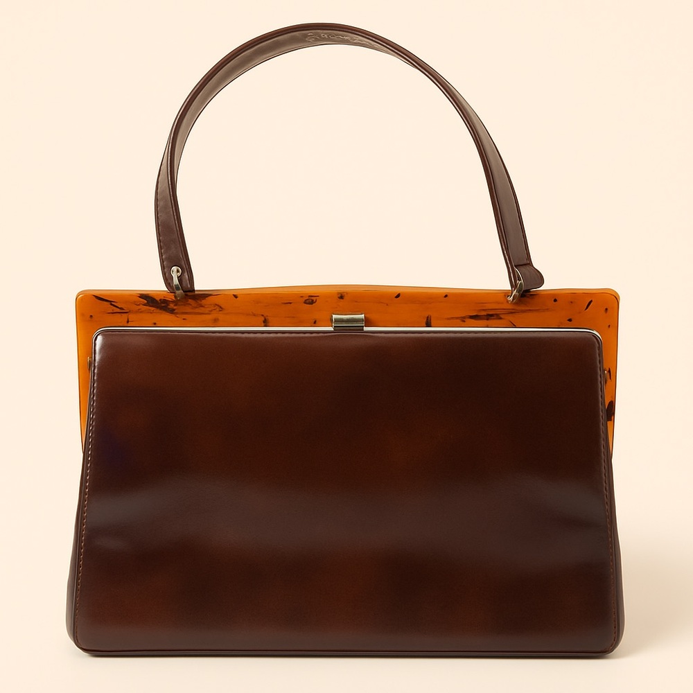 1960s Lavalize Vintage Brown Leather Lucite Frame Handbag
